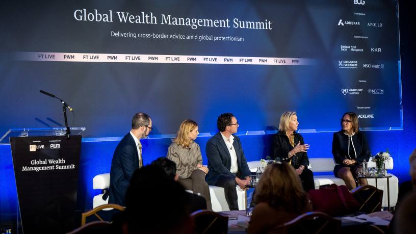 Özge Doğan, Rémi Douchet, Doris Meister and Nicole Curti onstage at the Global Wealth Management Summit