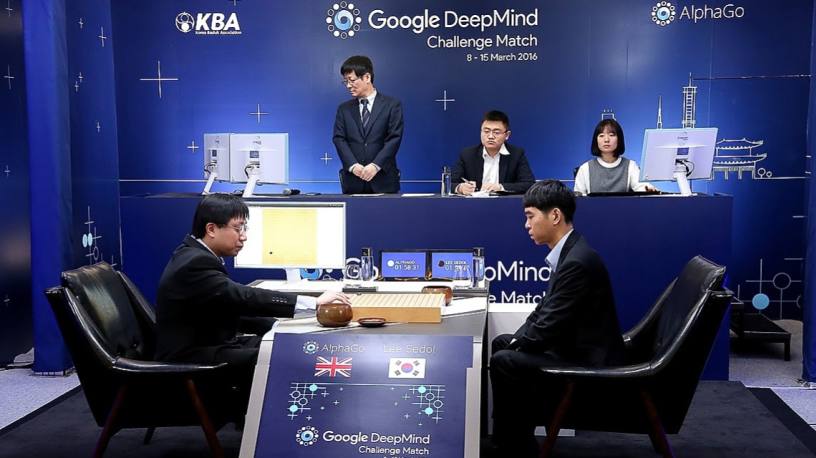 South Korean professional Go player Lee Se-Dol (R) waits after putting the first stone against Google’s artificial intelligence program, AlphaGo, during the Google DeepMind Challenge Match on March 9, 2016 in Seoul, South Korea